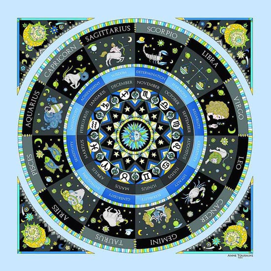 Astrology blue scarf featuring the twelve zodiac signs  by ANNE TOURAINE Paris™ scarves (1)
