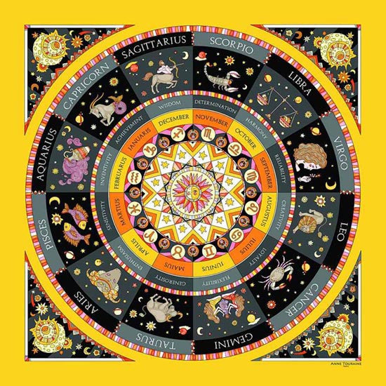 Astrology yellow and black scarf featuring the twelve zodiac signs  by ANNE TOURAINE Paris™ scarves (1)
