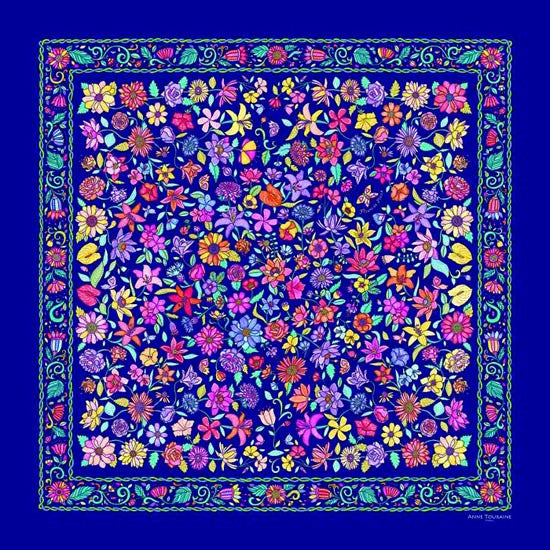 Blue floral silk scarf made in France by ANNE TOURAINE Paris™ scarves (1)