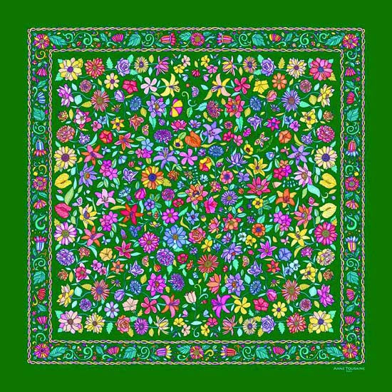 Green floral silk scarf made in France by ANNE TOURAINE Paris™ scarves (1)