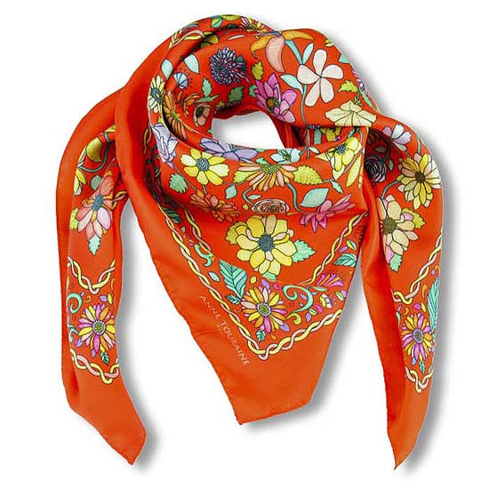 Red Floral scarf, 100% silk twill, made in France by ANNE TOURAINE Paris™ scarves (1)