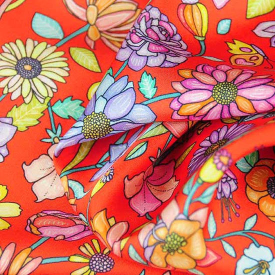 French silk scarves - twill - floral - red - orange - 36x36\