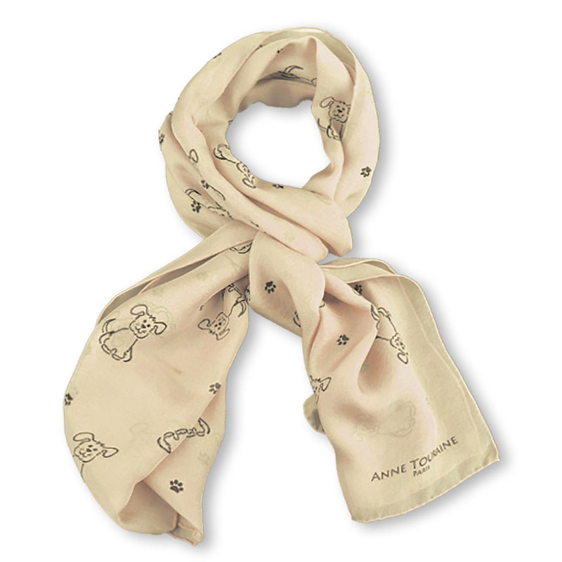BEIGE dog pattern silk chiffon stole 67x26" by ANNE TOURAINE Paris™ – full scarf design