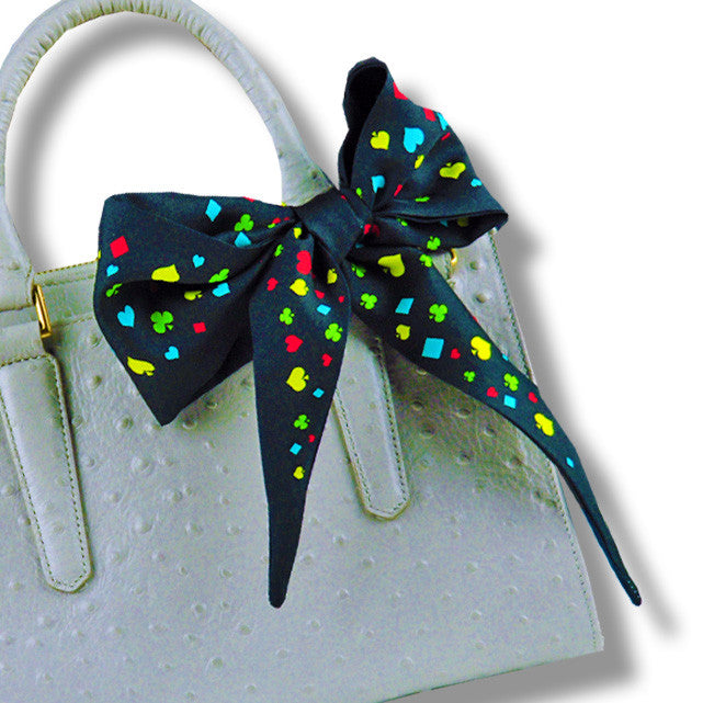 black & multicolor monaco silk twilly 39x4" by ANNE TOURAINE Paris™ – styled in the hair