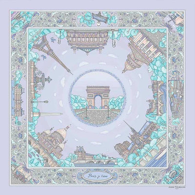 Lavender blue silk twill scarf made in France. Size 36x36". Hand rolled hem.Theme: Paris monuments. Scarf by ANNE TOURAINE Paris™ (2)