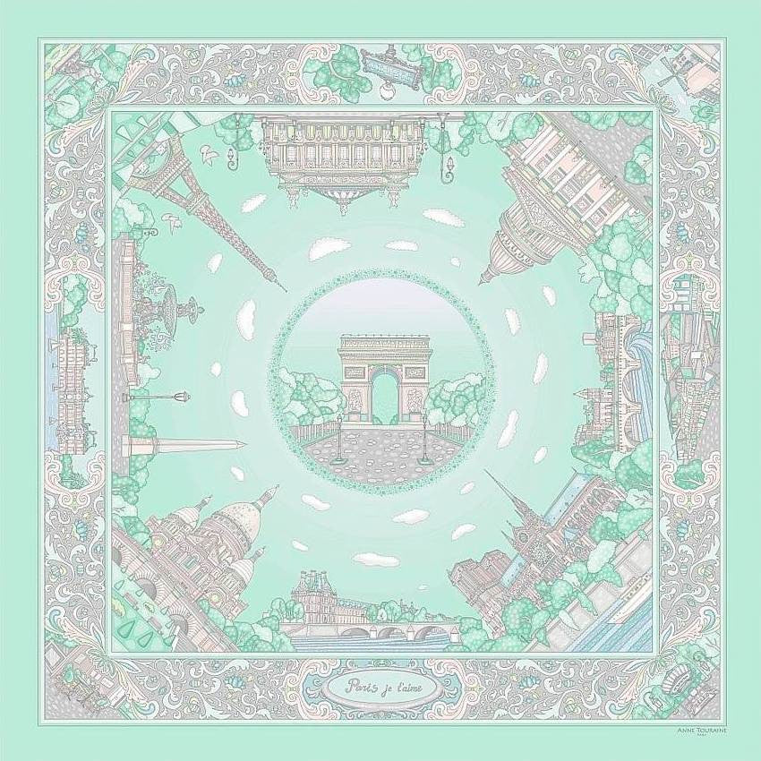 Pastel green silk twill scarf made in France. Size 27x27". Hand rolled hem.Theme: Paris monuments. Scarf by ANNE TOURAINE Paris™ (1)