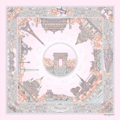 Pastel pink silk twill scarf made in France. Size 27x27". Hand rolled hem.Theme: Paris monuments. Scarf by ANNE TOURAINE Paris™ (2)