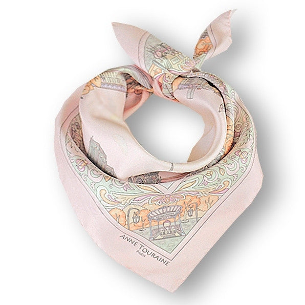 Pastel pink silk twill scarf made in France. Size 27x27". Hand rolled hem.Theme: Paris monuments. Scarf by ANNE TOURAINE Paris™ (1)