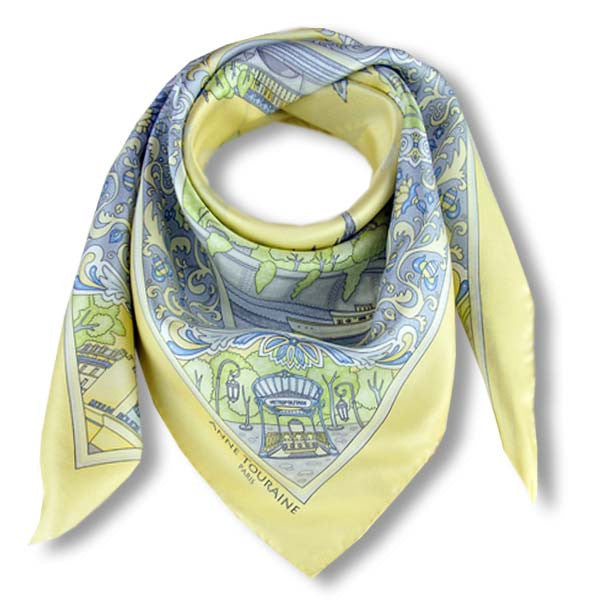 Pastel yellow silk twill scarf made in France. Size 36x36". Hand rolled hem.Theme: Paris monuments. Scarf by ANNE TOURAINE Paris™ (1)