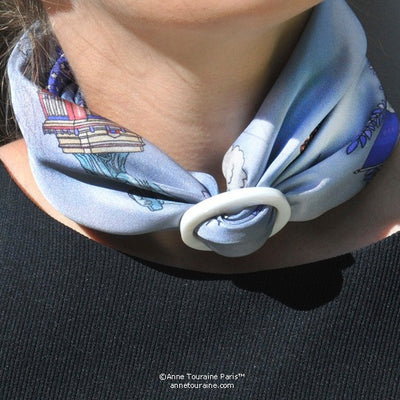 White mother of pearl handcrafted scarf ring. Medium size. A fun, essential, and versatile complementary to your ANNE TOURAINE Paris™ silk scarves. (3)