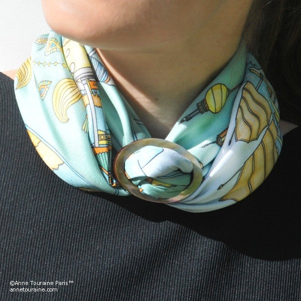 Extra large silk scarf - green and brown - 47x47 - ANNE TOURAINE
