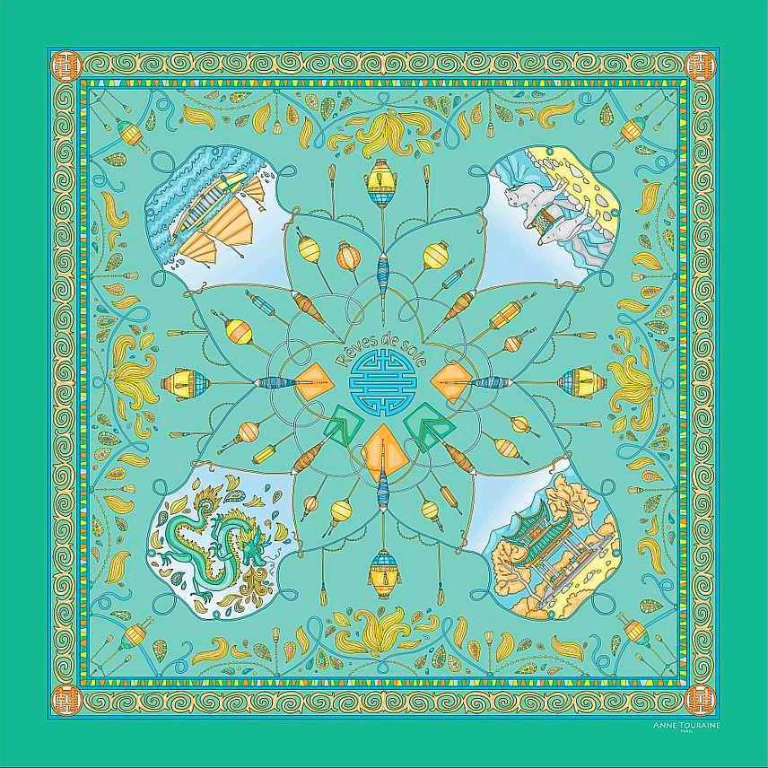 Neon green silk twill scarf made in France.Size 36x36". Hand rolled hem. Chinese theme. Scarf by ANNE TOURAINE Paris™ (1)