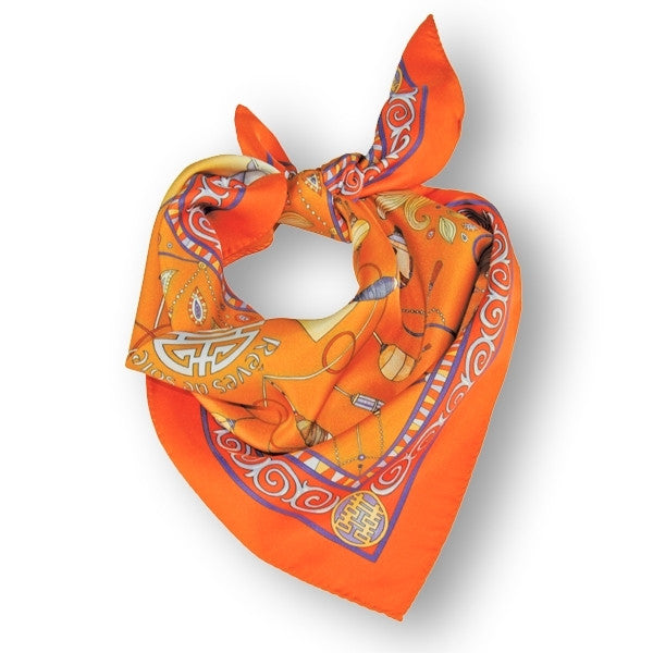 French silk scarves - twill - silk road - orange - 27x27 - ANNE TOURAINE  Paris™ Scarves & Foulards
