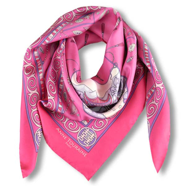 French silk scarves - twill - silk road - pink - 36x36 - ANNE TOURAINE  Paris™ Scarves & Foulards