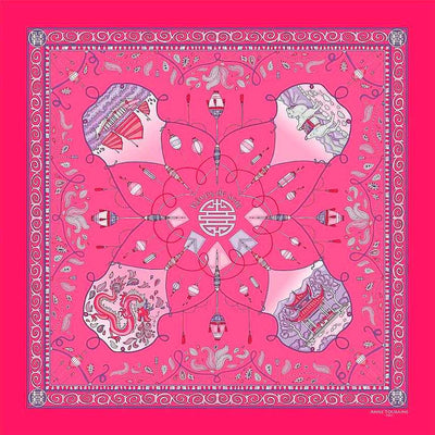 Neon pink silk twill scarf made in France.Size 36x36". Hand rolled hem. Chinese theme. Scarf by ANNE TOURAINE Paris™ (2)
