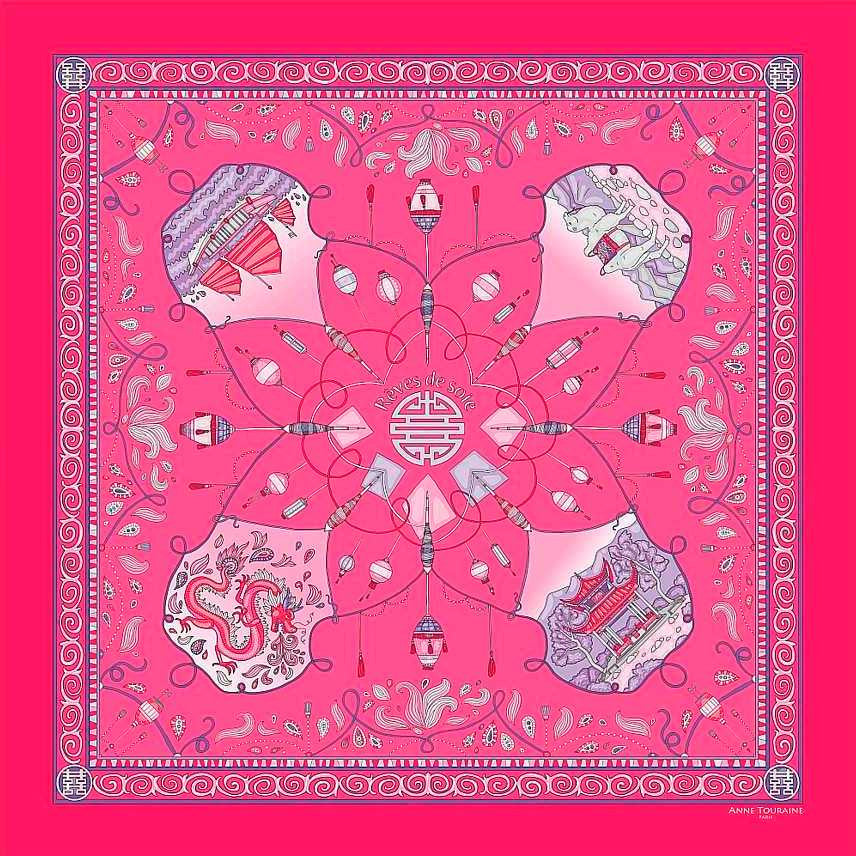 Neon pink silk twill scarf made in France. Size 36x36". Hand rolled hem. Chinese theme. Scarf by ANNE TOURAINE Paris™ (1)