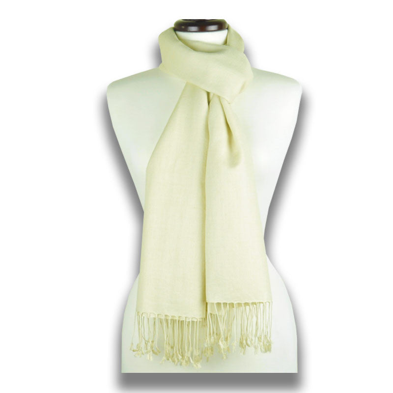 Champagne silk-cashmere pashmina scarf 78x28" by ANNE TOURAINE Paris™ – styled view