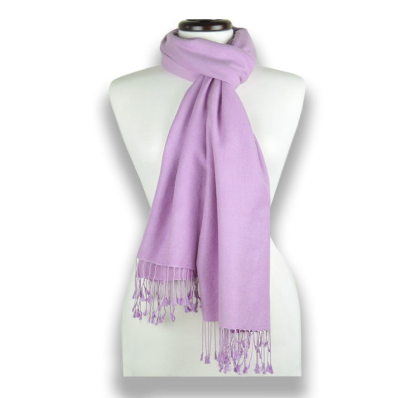 Lilac silk-cashmere pashmina scarf 78x28" by ANNE TOURAINE Paris™ – styled view