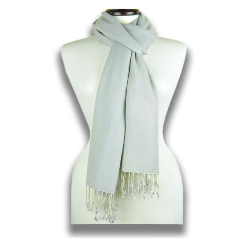 Silver silk-cashmere pashmina scarf 78x28" by ANNE TOURAINE Paris™ – styled view