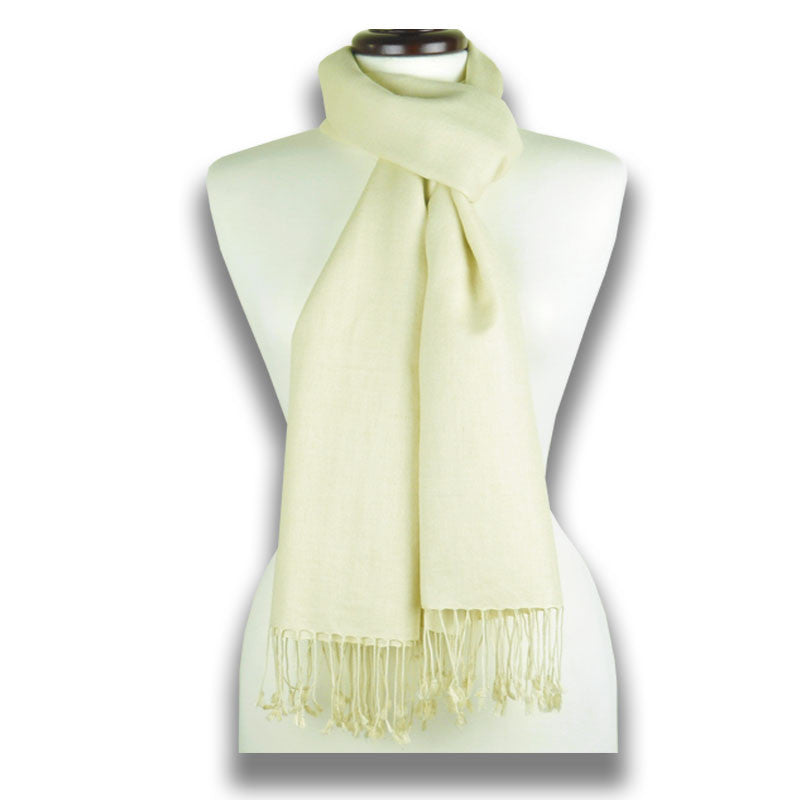 Sand silk-cashmere pashmina scarf 78x28" by ANNE TOURAINE Paris™ – styled view