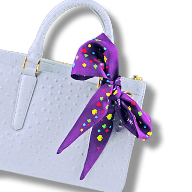 violet & multicolor monaco silk twilly 39x4" by ANNE TOURAINE Paris™ – styled in the hair
