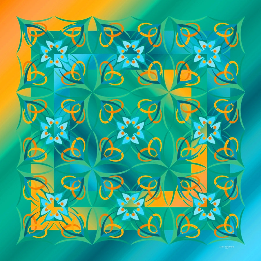 Extra large and lightweight chiffon silk scarf, teal and orange, by ANNE TOURAINE Paris™