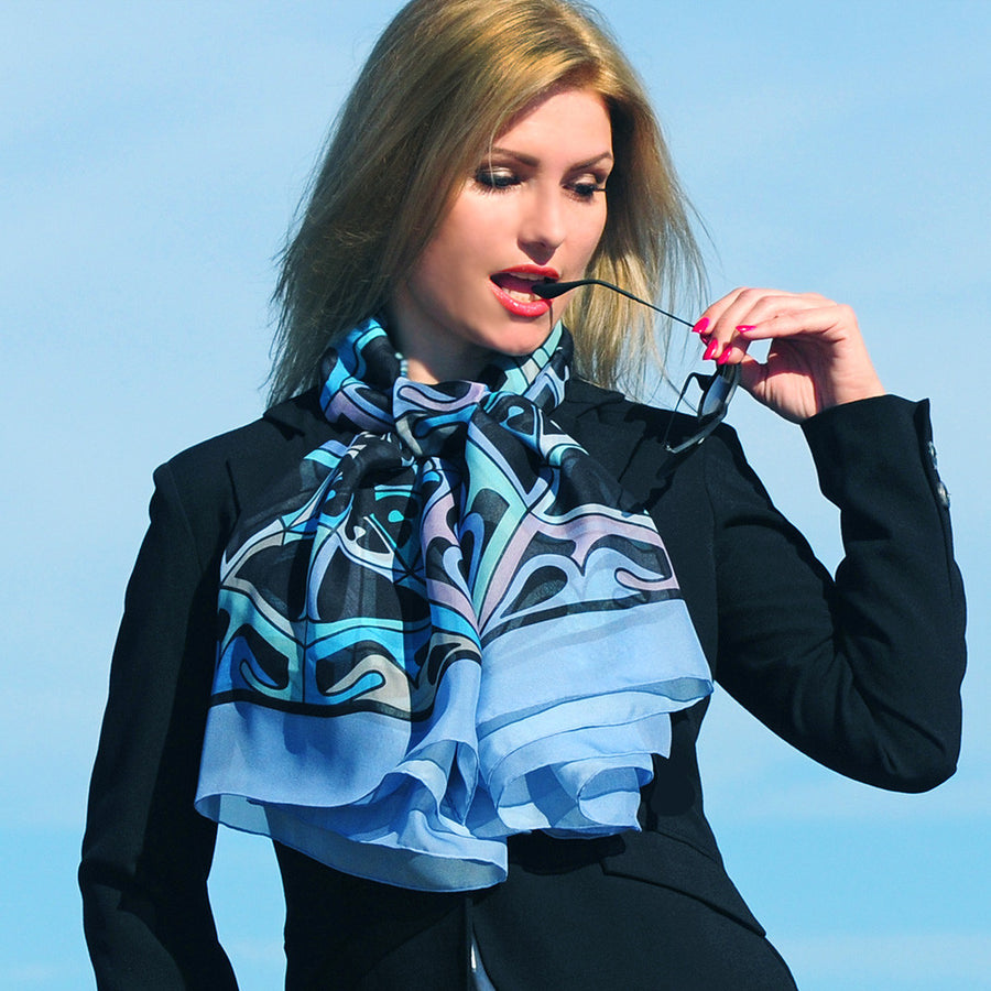 Extra large and lightweight chiffon silk scarf, lavender blue and black, by ANNE TOURAINE Paris™