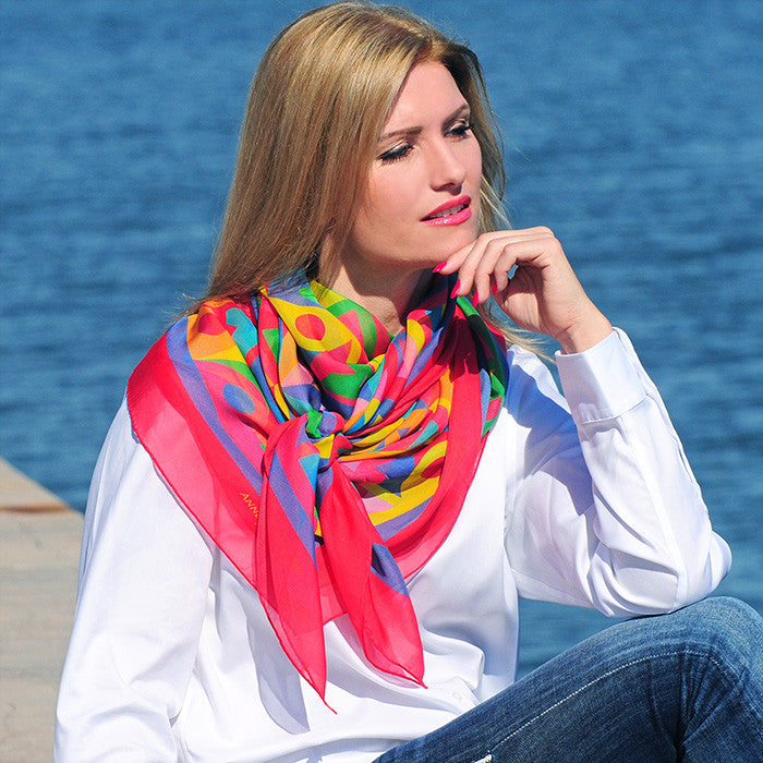 Extra large and lightweight chiffon silk scarf, raspberry and multicolor, by ANNE TOURAINE Paris™