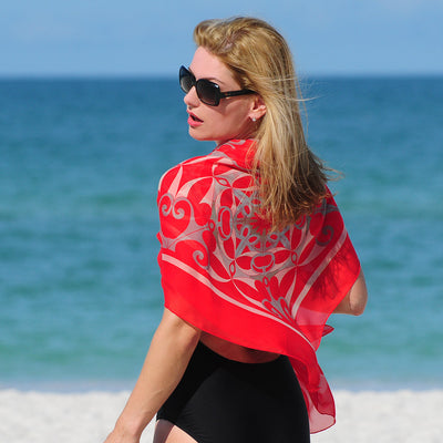Extra large and lightweight chiffon silk scarf in red color by ANNE TOURAINE Paris™