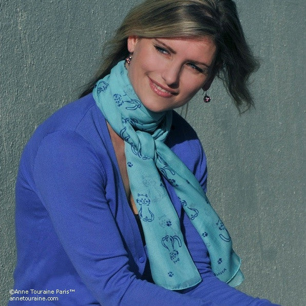 TURQUOISE cat pattern silk chiffon stole 67x26" by ANNE TOURAINE Paris™ – full scarf design