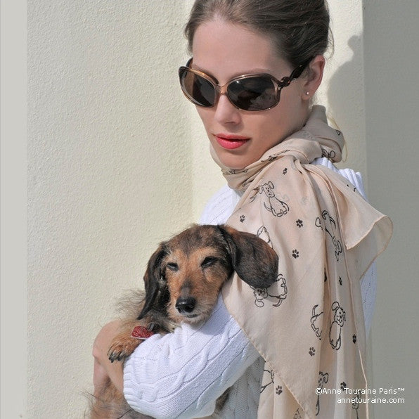 BEIGE dog pattern silk chiffon stole 67x26" by ANNE TOURAINE Paris™ – full scarf design