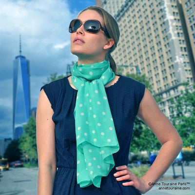 Mint polka dot silk chiffon scarf, oblong shape. Lightweight and easy to tie. Scarf by ANNE TOURAINE Paris™ (2)