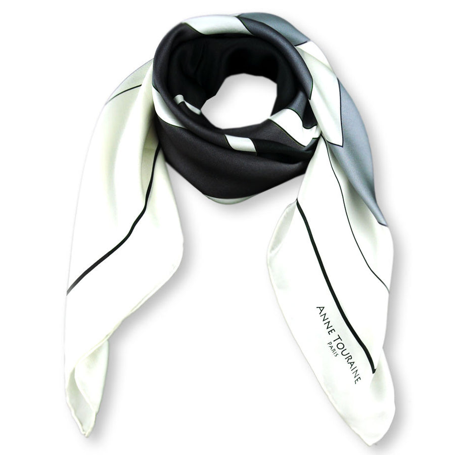 FREESTYLE Black & White large silk satin scarf 47x47" by ANNE TOURAINE Paris™ – full scarf design