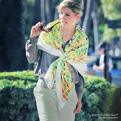 Green and brown extra large silk scarf with a contemporary ethnic pattern: versatile and easy to wear all year round. Scarf ANNE TOURAINE Paris™ (3)