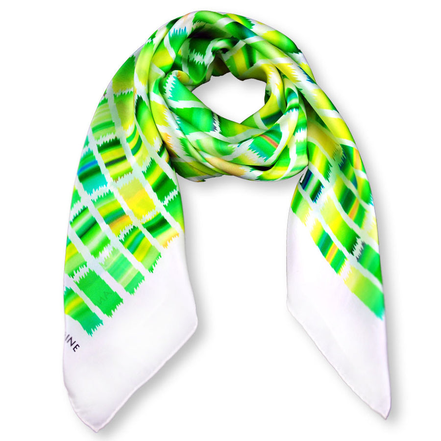 ETHNIC Green & Yellow large silk satin scarf 47x47" by ANNE TOURAINE Paris™ – full scarf design