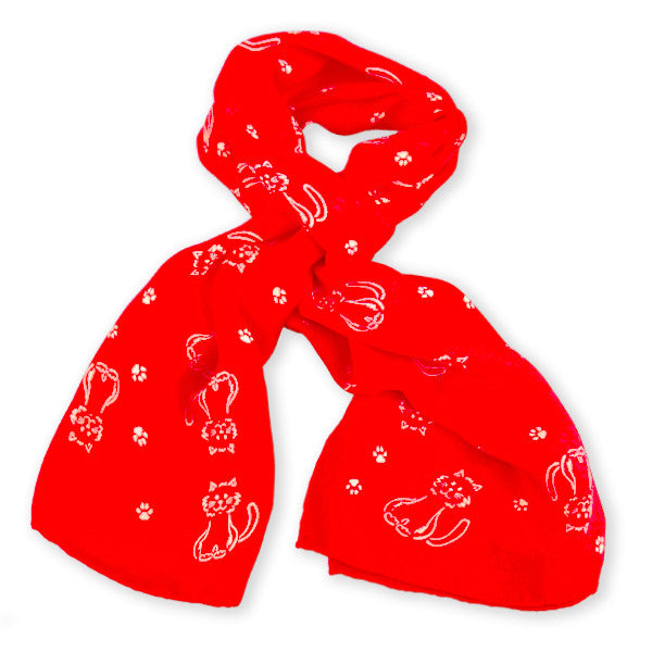 RED cat pattern silk chiffon stole 67x26" by ANNE TOURAINE Paris™ – full scarf design