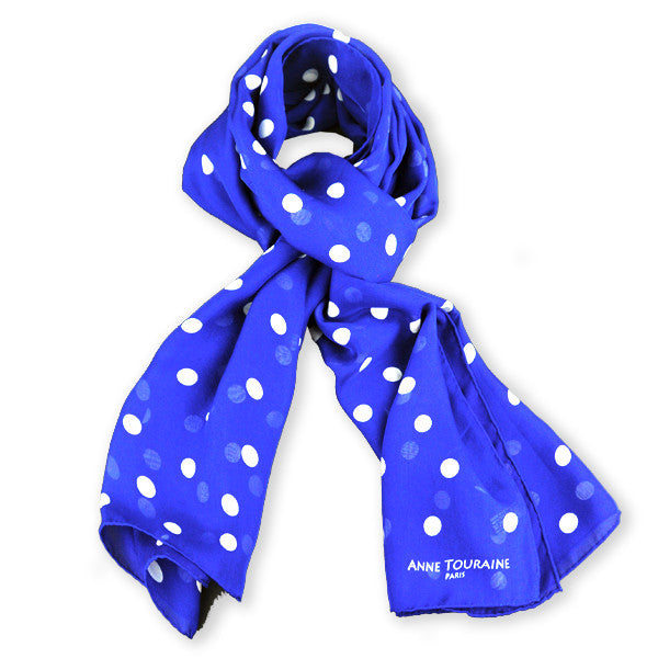 BLUE polka dot silk chiffon stole 67x26" by ANNE TOURAINE Paris™ – full scarf design