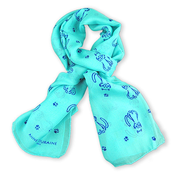 TURQUOISE cat pattern silk chiffon stole 67x26" by ANNE TOURAINE Paris™ – full scarf design