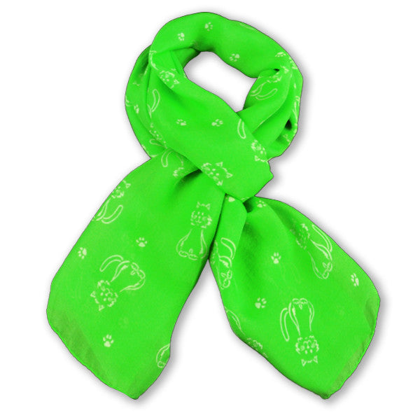 GREEN cat pattern silk chiffon stole 67x26" by ANNE TOURAINE Paris™ – full scarf design