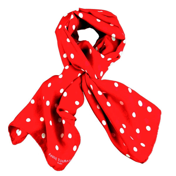RED polka dot silk chiffon stole 67x26" by ANNE TOURAINE Paris™ – full scarf design