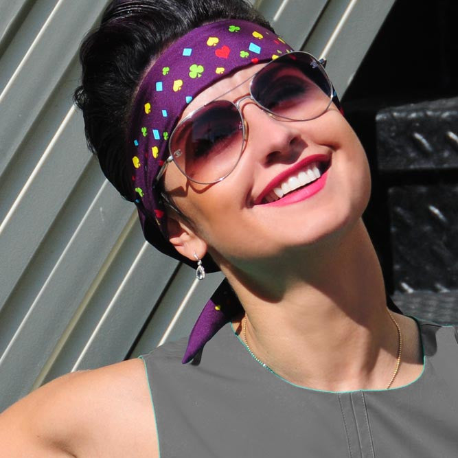 violet & multicolor monaco silk twilly 39x4" by ANNE TOURAINE Paris™ – styled in the hair