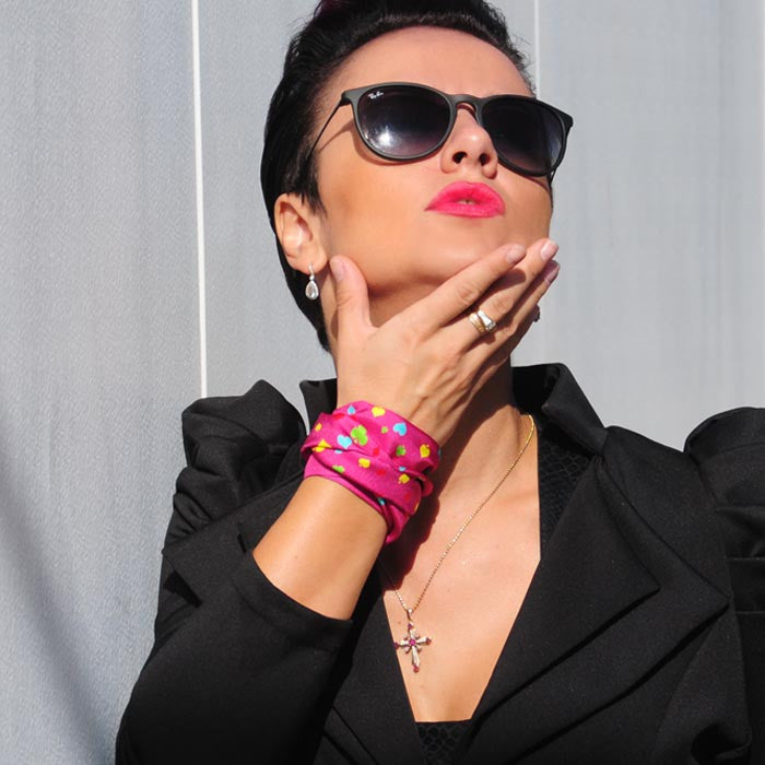 pink & multicolor monaco silk twilly 39x4" by ANNE TOURAINE Paris™ – styled in the hair