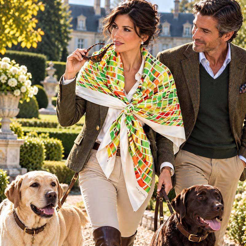 A woman and a man walk outdoors in a garden with two dogs, wearing matching brown tailored suits. The woman also wears on her shoulders a bright Ethnic green and brown large silk satin scarf by Anne Touraine Paris.