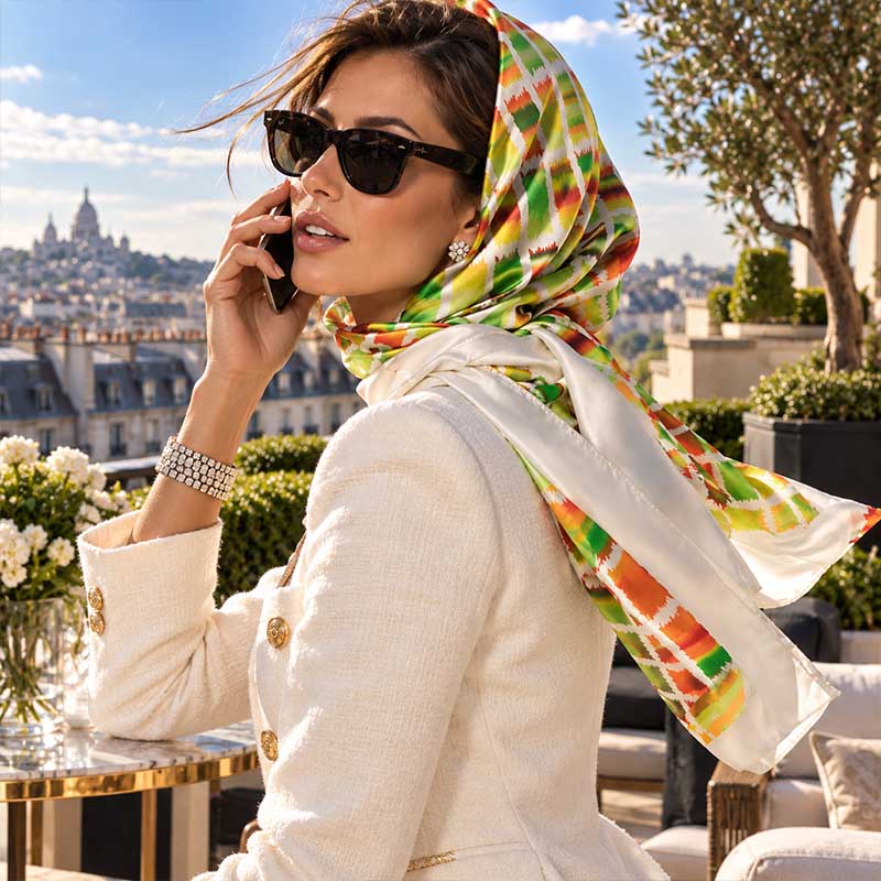ETHNIC Green & Brown large silk satin scarf 47x47" by ANNE TOURAINE Paris™ – full scarf design