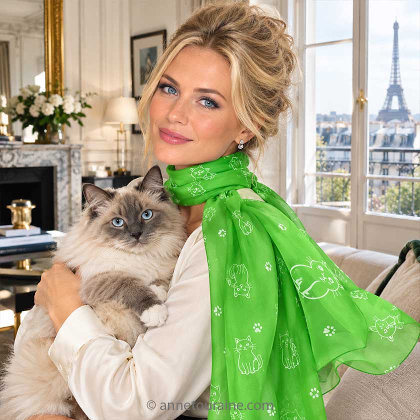 A bright green scarf in silk chiffon with a white pattern of cartoon cats and paw prints, styled in a loose knot on a white background. This is made by Anne Touraine Paris.