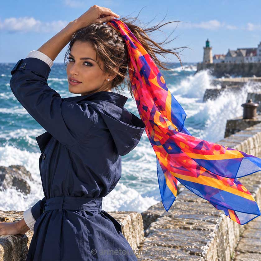 a beautiful dark hair woman with a navy raincoat, is standing on a brittany jetty. She wears on her black hat a vibrant "Provence" cobalt and rasberry xl silk chiffon scarf by Anne Touraine Paris.