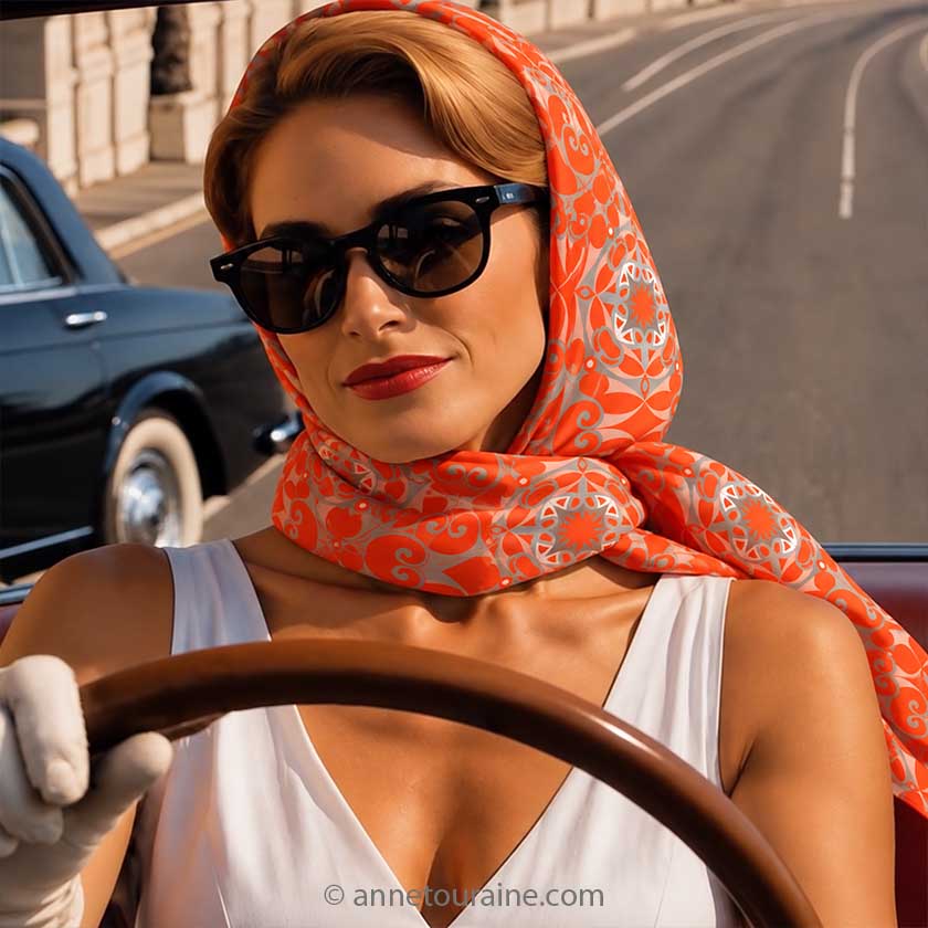 A beautiful woman is driving her convertible car in a Riviera road. She wears around her head, like Grace Kelly, a silky orange tangerine xl silk chiffon scarf "Versailles" by Anne Touraine Paris.