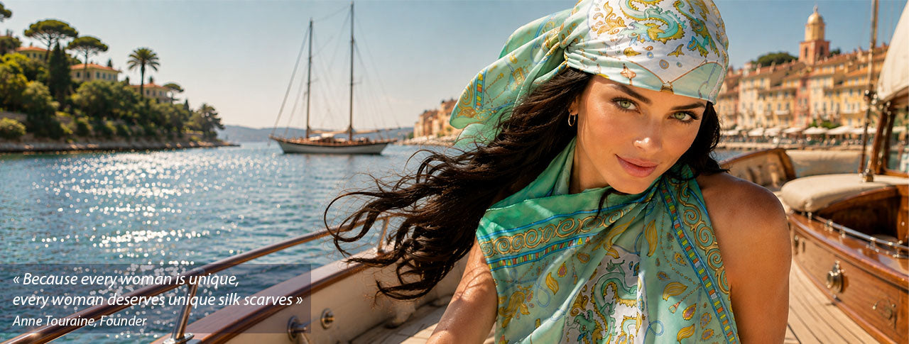 A beautiful woman on a boat wearing two anne touraine paris green scarves around her body and as an headscarf, with a scenic french riviera harbor and luxury homes in the background. A quote by Anne Touraine is displayed on the left side of the image.