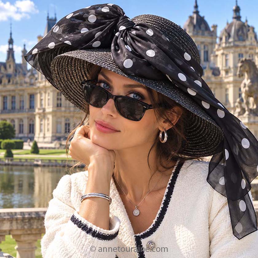 BLACK polka dot silk chiffon stole 67x26" by ANNE TOURAINE Paris™ – full scarf design