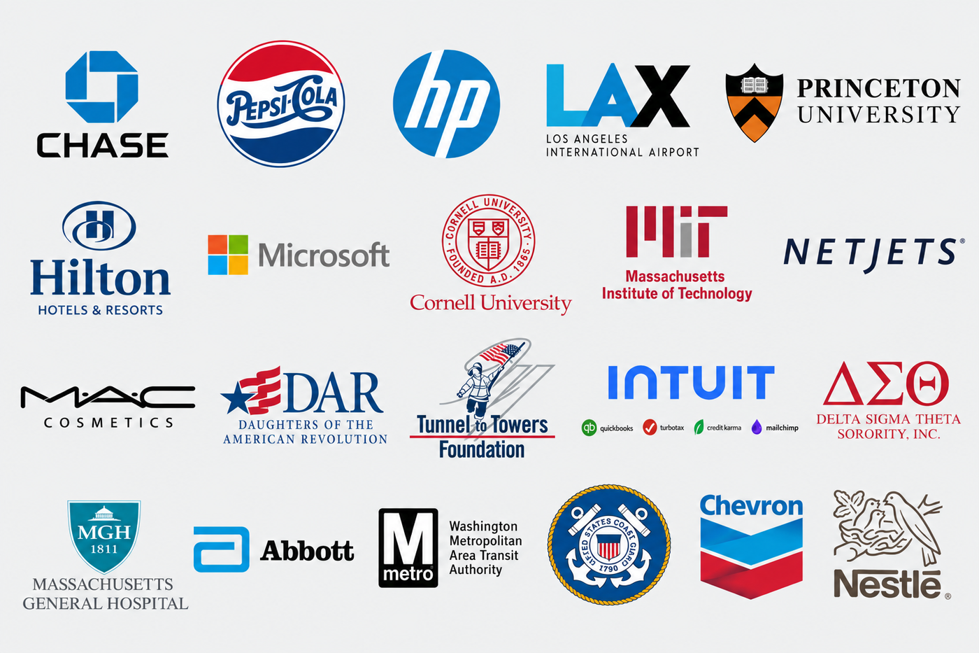A collage of many corporate and institutional logos arranged in a grid on a white background, presenting some of the customers of anne touraine usa for custom scarves, ties, bow ties and pocket squares